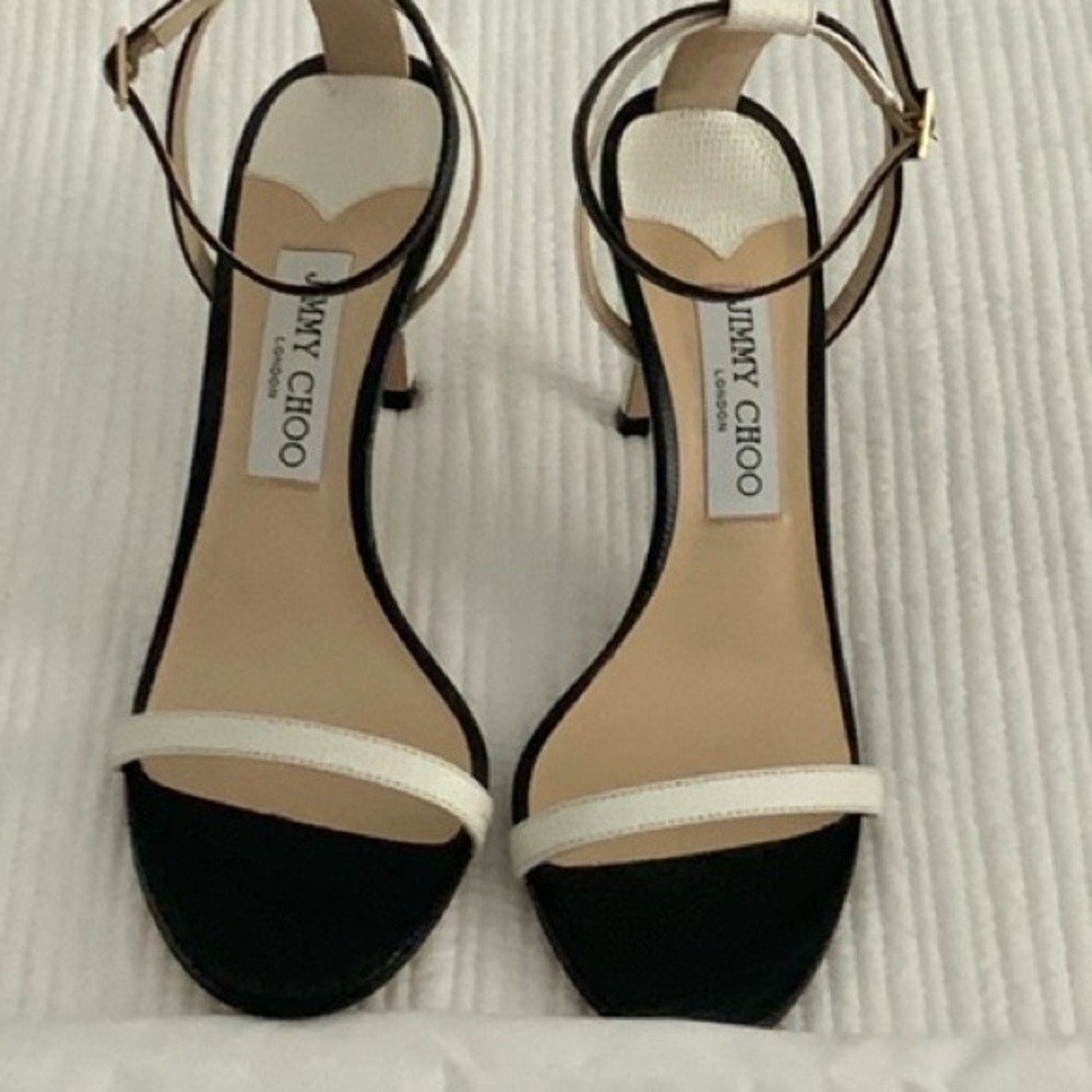 Jimmy choo Minny Lizard print black and white leather sandals heels Size 39(9) - Picture 1 of 3